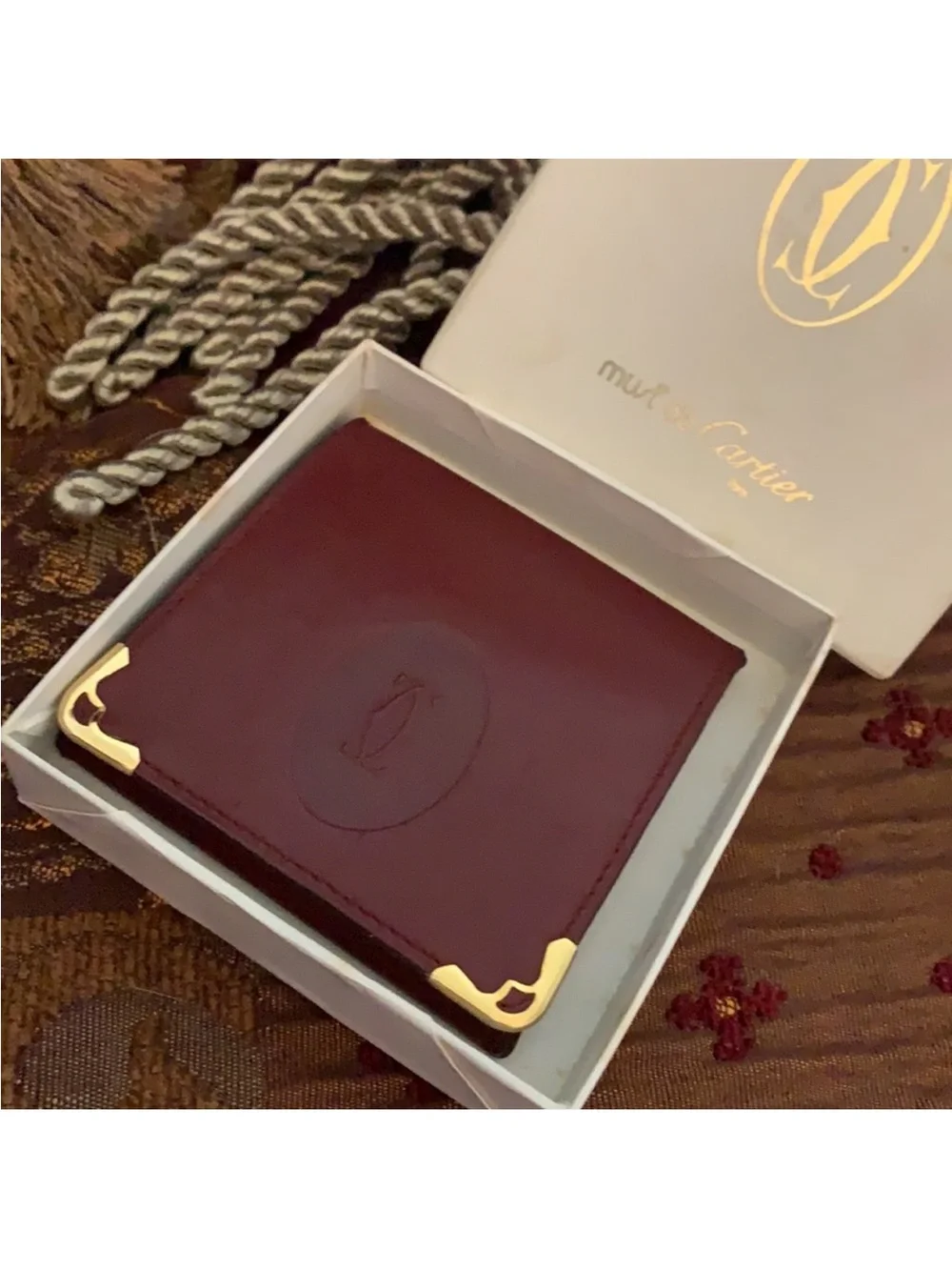 Cartier Burgundy Leather Money Clip with Gold Corners